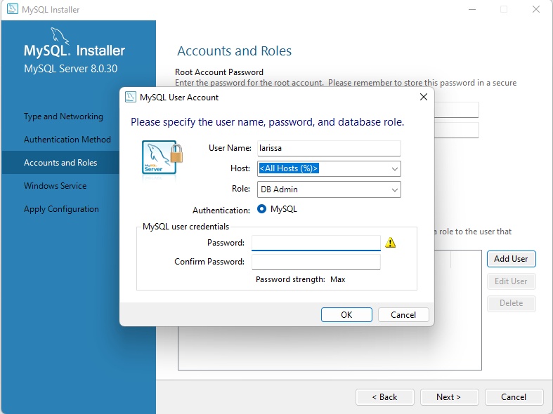 Um pop up ao centro da página com vários campos a serem preenchidos, e Página do MySQL Installer com a aba Accounts and Roles selecionada entre eles os campos  Password e Confirm  Password.