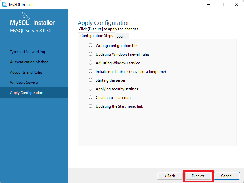 Página do MySQL Installer com a opção Apply Configuration selecionada. Ao lado direito, há uma lista de opções das configurações da aplicação sem estarem selecionadas, e no canto inferior direito há o botão Execute destacado em um retângulo vermelho.