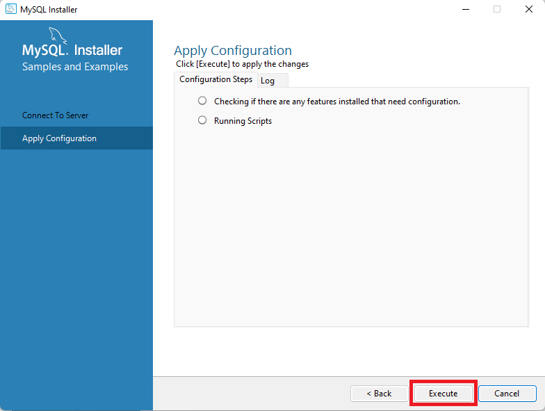 Página do MySQL Installer que mostra o fim da instalação e documentos que podem ajudar na utilização do MySQL, como a documentação. À esquerda,  há um menu de cor azul, com a segunda opção selecionada "Apply Configuration”. Ao lado direito, há as informações sobre o estado das configurações dos steps. Logo abaixo, no canto inferior direito, temos o botão Finish destacado com um retângulo vermelho.