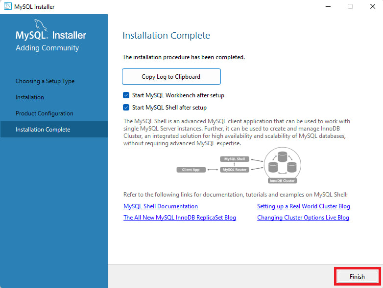 Página do MySQL Installer que mostra o fim da instalação e documentos que podem ajudar na utilização do MySQL, como a documentação. À esquerda,  há um menu de cor azul, com a quarta opção selecionada "Installation Complete”. Ao lado direito, há as informações sobre locais onde é possível encontrar ajuda. Logo abaixo, no canto inferior direito, temos o botão Finish destacado com um retângulo vermelho.