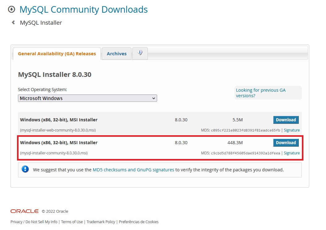 Página do MySQL Installer que mostra a versão oito ponto zero ponto trinta com duas  opções de instaladores abaixo. A segunda opção, Windows (x86, 32-bit), MSI Installer, está destacada com um retângulo vermelho.