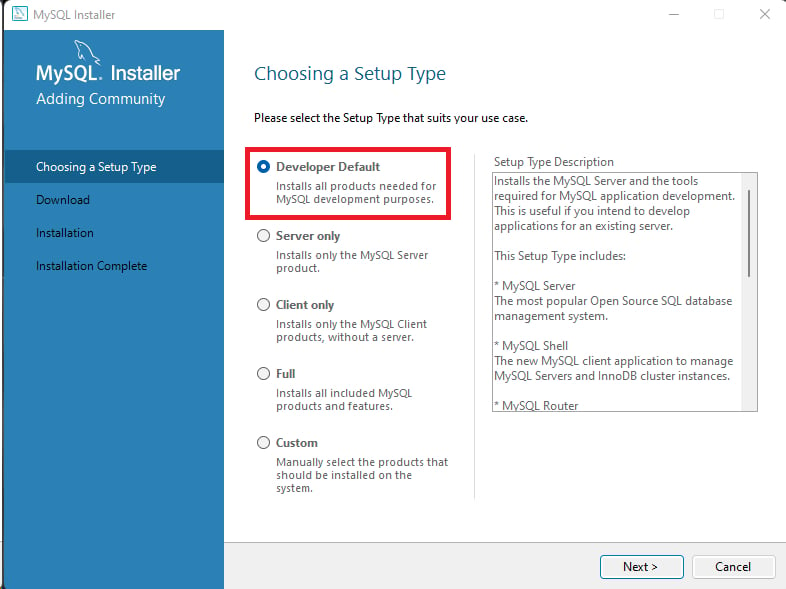 Página do MySQL Installer , com um menu à esquerda da página em azul, com a opção selecionada Choosing a Setup Type. À direita, temos as informações correspondentes  com a primeira opção Developer Default destacada com um retângulo vermelho.