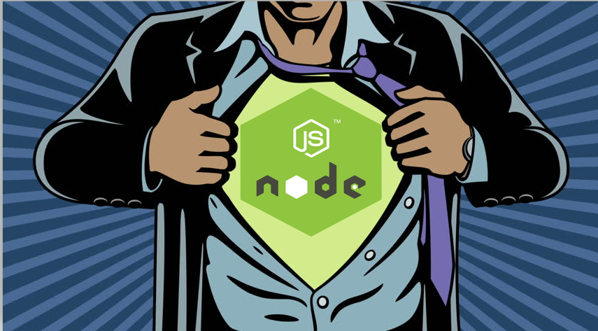 O desenho mostra um homem com terno e gravata abrindo a camiseta e mostrando o símbolo do node.js ao centro. Faz alusão ao super-herói superman.