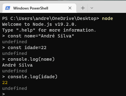 Terminal do Windows PowerShell, em fundo preto, exibindo uma sequência de comandos: `const nome = “André Silva”`; `const idade = 22`; `console.log(nome)` e `console.log(idade)`. Como respostas às variáveis inseridas e aos comandos `console.log`, encontram-se os dados “André Silva” e “22”.