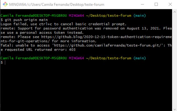 Screenshot do Git Bash com a mensagem citada anteriormente.