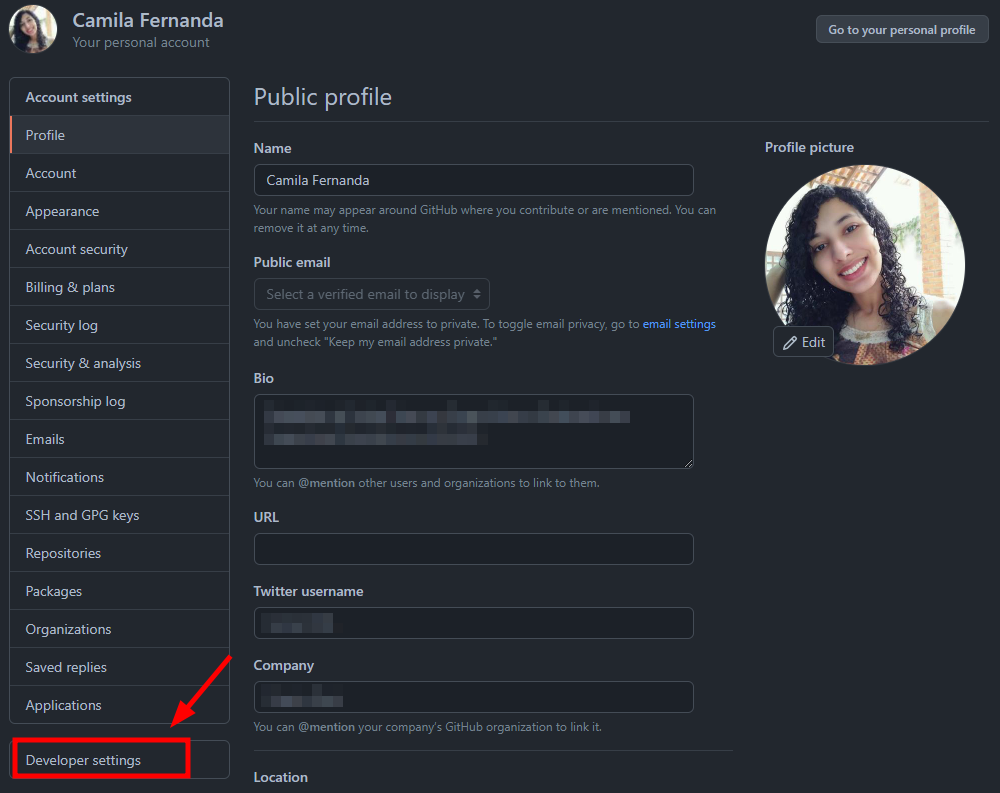 Screenshot da tela Settings do GitHub com destaque na opção Developer Settings.