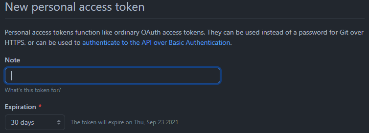 Screenshot da tela New personal token do GitHub.