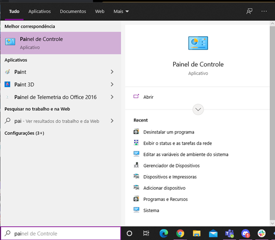 Screenshot da tela de busca do Windows com resultado de busca "Painel de Controle"