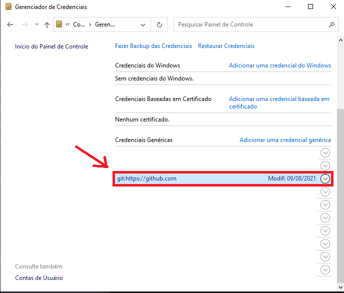 Screenshot da tela do Gerenciador de Credenciais com destaque no 'git:https://github.com'