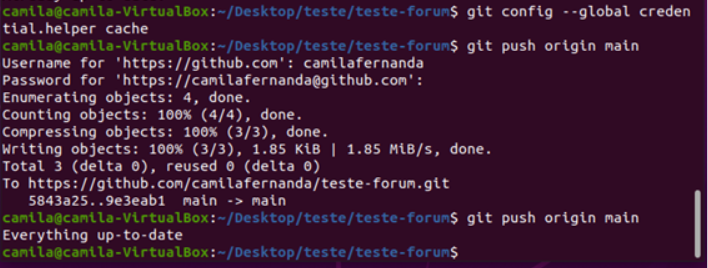 Teste citado acima realizado, sendo o comando git config --global credential.helper cache para salvar o token, git push origin main com requisição de autenticação e, por fim, o comando git push origin main feito novamente sem requisição de autenticação.