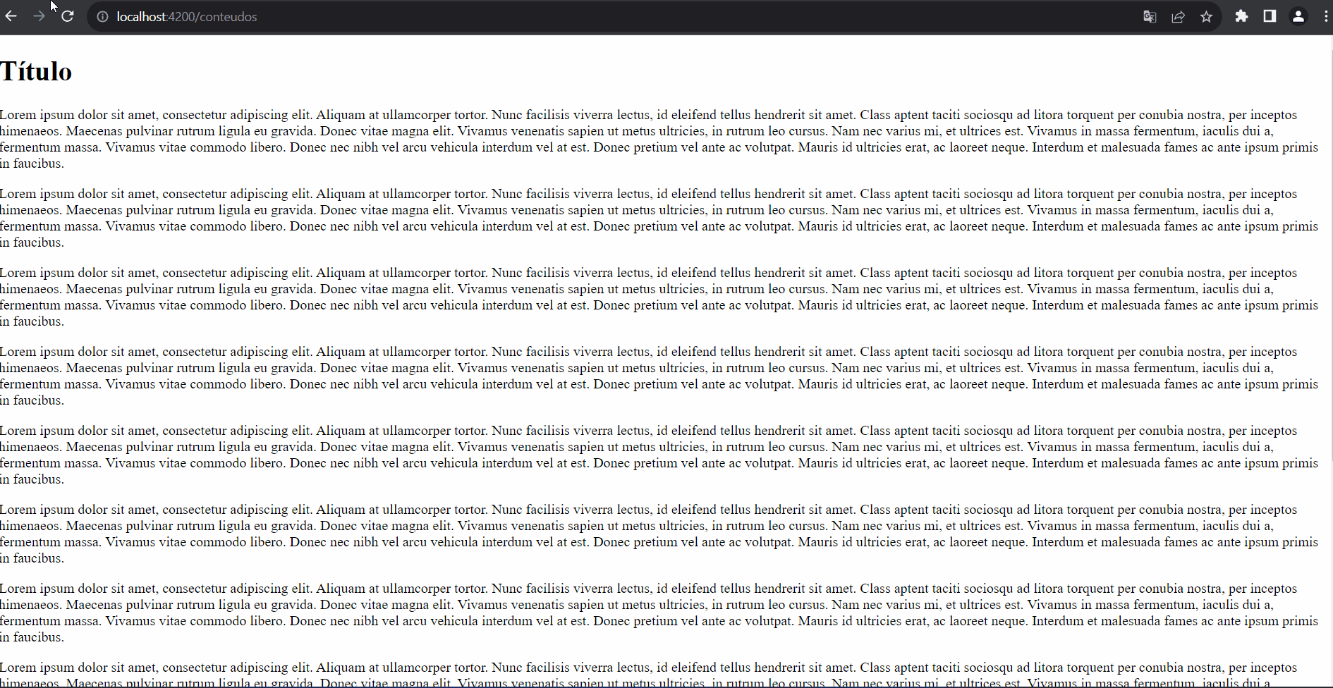 Esta é um gif da tela do projeto, com fundo branco. O gif apresenta o carregamento do componente de conteúdo, onde no canto superior esquerdo há o título "Titulo" em texto preto, seguido por 8 parágrafos de texto lorem ipsum em preto. Abaixo, ao rolar a barra de rolagem, no canto esquerdo há três imagens dispostas verticalmente: o logo de escudo do HTML 5, na cor laranja com o número 5 em branco no centro. O carregamento dessa imagem é imediato. A segunda imagem é o logo de escudo do CSS 3, na cor azul com o número 3 em branco no centro. O carregamento dessa imagem é lento pois só começa quando descemos a barra de rolagem até sua posição, antes de a imagem aparecer é exibido o texto “Carregando imagem…”.  A terceira imagem é o logo do JavaScript, um quadrado amarelo com o texto “JS” na cor preta. O carregamento dessa imagem também é lento pois definimos para que esperasse 4 segundos até ser carregada, antes de a imagem aparecer é exibido o texto do placeholder “Futura imagem”. 