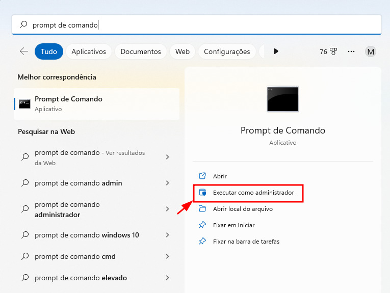 Captura de tela em recorte. Na imagem, é mostrado o buscador do Windows com o texto “Prompt de Comando” no campo de busca no canto superior. Na lateral direita, é mostrado um quadro com o aplicativo do Prompt de Comando, onde aparecem as opções “Abrir”, “Executar como administrador”, “Abrir local do arquivo”, “Fixar em iniciar” e “Fixar na barra de tarefas”. A segunda opção, “Executar como administrador”, é destacada com um quadro retangular vermelho.