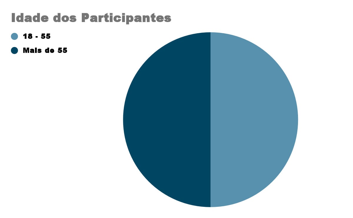 Um gráfico mostrando que 5 participantes têm idade entre 18 e 55 anos e que os outros 5 participantes são maiores de 55 anos.