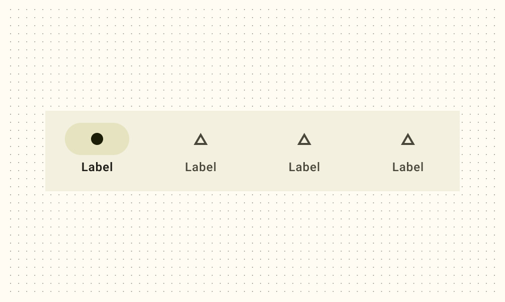 Componente “barra de navegação” do Material Design, design system da Google. Aparecem quatro menus, e somente o primeiro está selecionado.