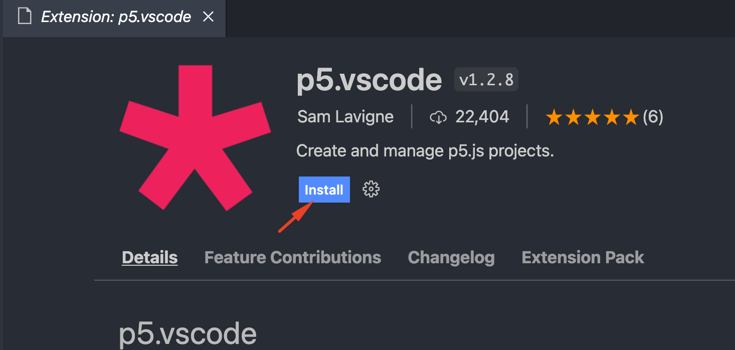 Imagem com a opção instalar para a extensão p5.vscode.