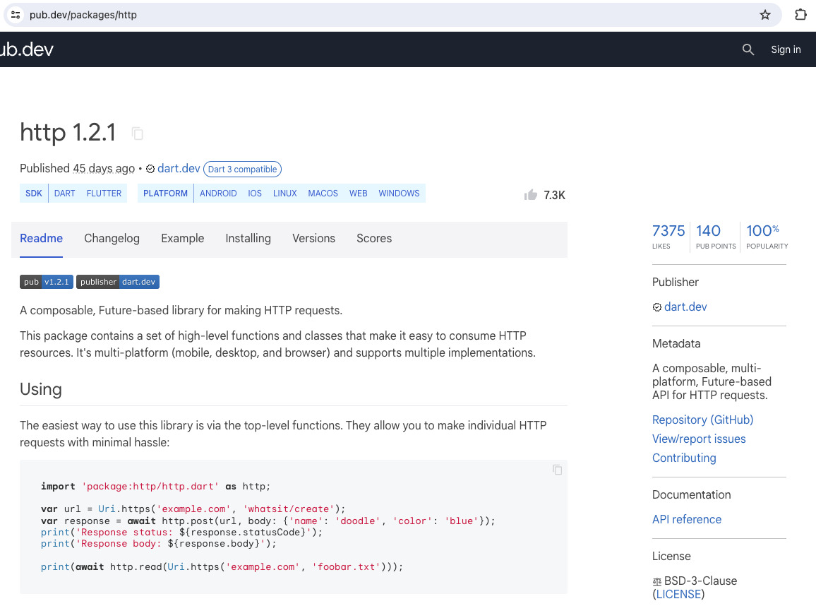 A imagem exibe uma página da web do pub.dev, exibindo informações sobre a biblioteca HTTP 1.2.1 para Dart, incluindo um exemplo de código. O cabeçalho da página mostra que a biblioteca é compatível com várias plataformas, incluindo Dart, Flutter, Android, iOS, Linux, macOS e Windows. À direita, há estatísticas mostrando 7375 likes e uma pontuação de popularidade de 100%. Abaixo das estatísticas estão links rápidos para o repositório GitHub e relatórios de problemas.