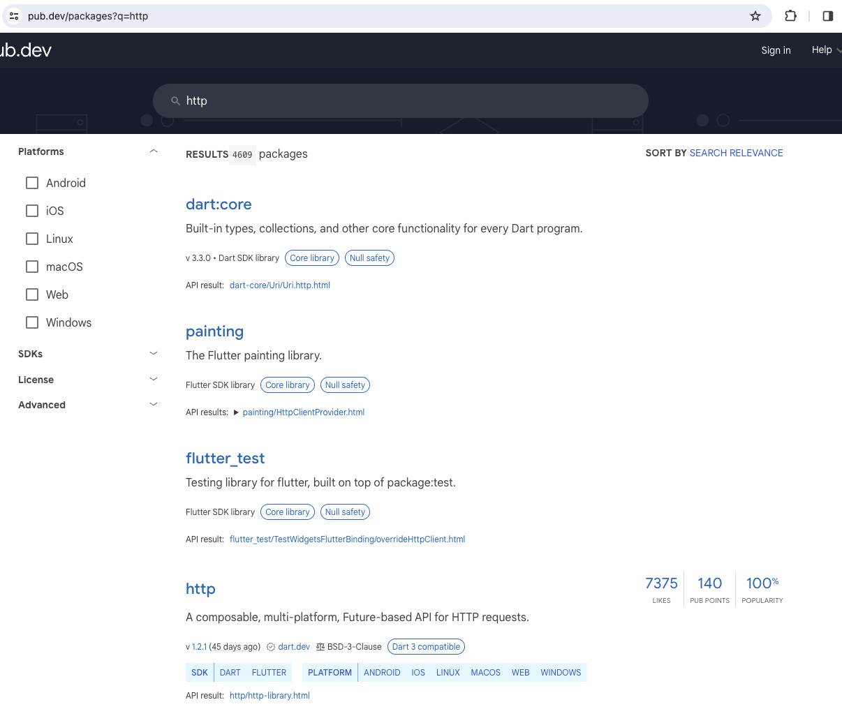 A imagem exibe uma página de resultados de pesquisa no site pub.dev para pacotes relacionados ao termo “http”. Diversos pacotes são listados, incluindo “dart:core”, “painting”, “flutter_test” e “http”. Cada resultado mostra o nome do pacote, uma breve descrição e links adicionais para mais informações ou para instalar o pacote. À esquerda, há opções para filtrar os resultados por plataforma (Android, iOS, Linux etc.) e licença.