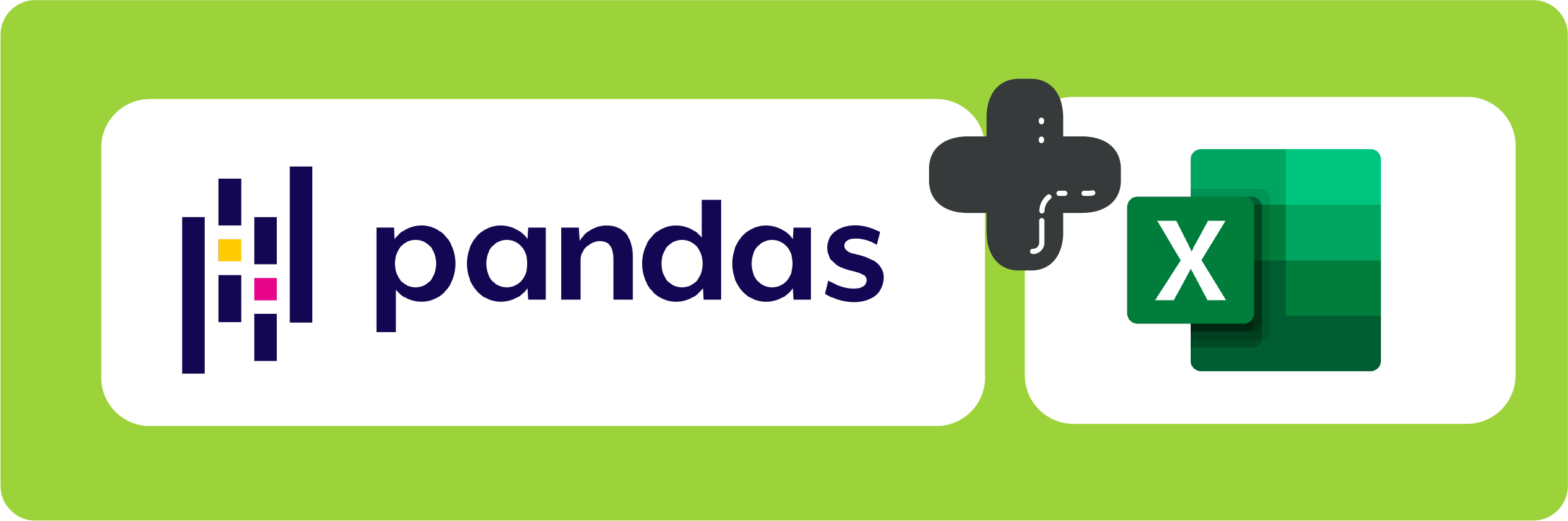 Logotipos da biblioteca pandas e do software Microsoft Office Excel, em um fundo verde, unidos por um sinal em preto de adição.