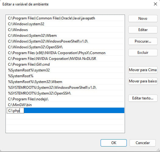 Imagem de print de tela da aba “Editar a variável de ambiente”. Essa aba foi aberta ao clicar na opção “Path” anteriormente. Há uma lista com as variáveis de ambiente do sistema do lado esquerdo, com destaque para a última opção que se trata do local “C:\php”.