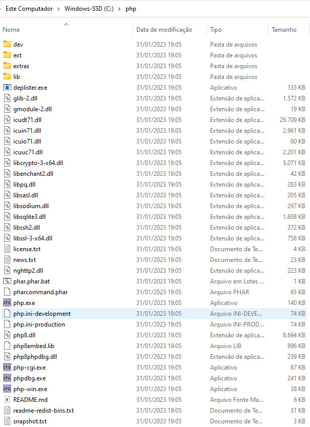 Imagem de um print de tela da pasta “php”, com a listagem dos arquivos de instalação.
