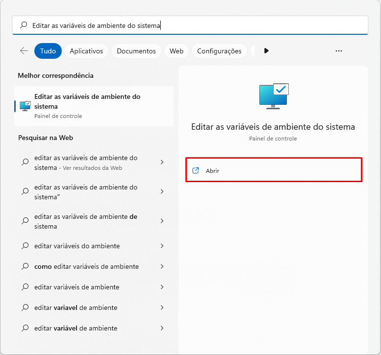 Imagem de um print de tela da barra de pesquisa do Windows, que mostra a pesquisa “Editar as variáveis de ambiente do sistema”. À esquerda é mostrada uma lista com os resultados da pesquisa sendo que já existe a melhor correspondência, e à direita destaque em vermelho para o botão “Abrir”.
