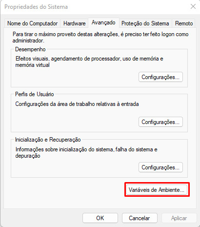 Imagem de um print de tela da janela “Propriedades do Sistema”, aberta ao clicar em “Abrir”, após a pesquisa feita anteriormente. Há informações de gerenciamento do computador com destaque em vermelho para o botão “Variáveis de Ambiente…” no canto inferior direito.