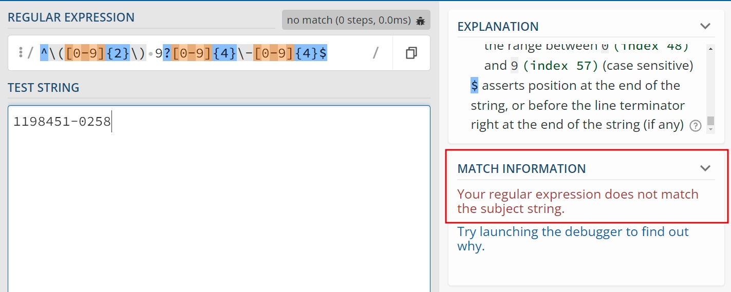 Site da Regex 101, com destaque para a caixa à esquerda contornada de vermelho que mostra o resultado,no qual a string de teste não corresponde à expressão regular. A mensagem retornada foi “Your regular expression does not match the subject string”.