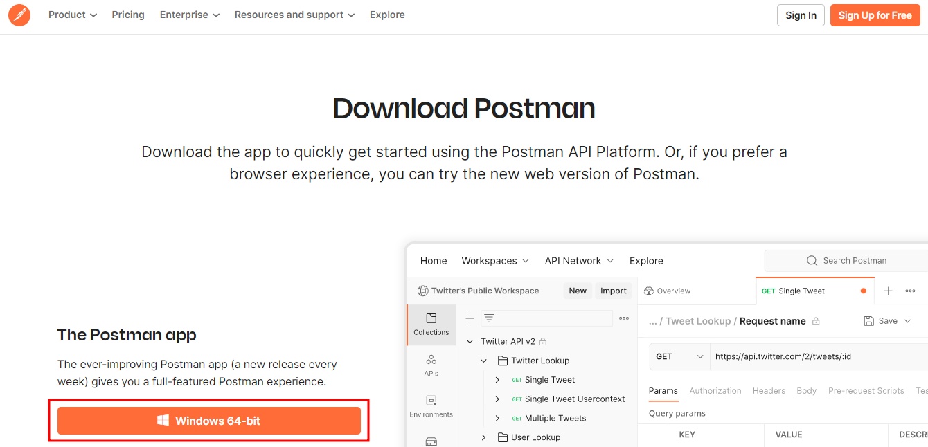 Imagem da página de downloads do Postman, com fundo branco e texto informativo de download. À esquerda, temos os links para realizar o download, com destaque para o botão principal desta sessão, referente ao download do Windows 64-bit. À direita temos uma imagem da página inicial do programa.