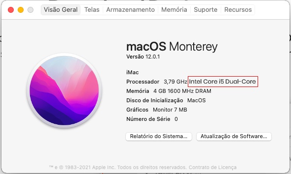 Imagem da janela de “Sobre este Mac”, com fundo cinza-claro. Na parte superior, temos alguns itens como Visão Geral, que está em destaque, Telas, Armazenamento, Memória, Suporte e Recursos. À esquerda temos uma imagem circular nos tons de azul, roxo e rosa. À direita temos algumas informações do sistema, dentre elas destaca-se o processador Intel Core i5 Dual-Core.