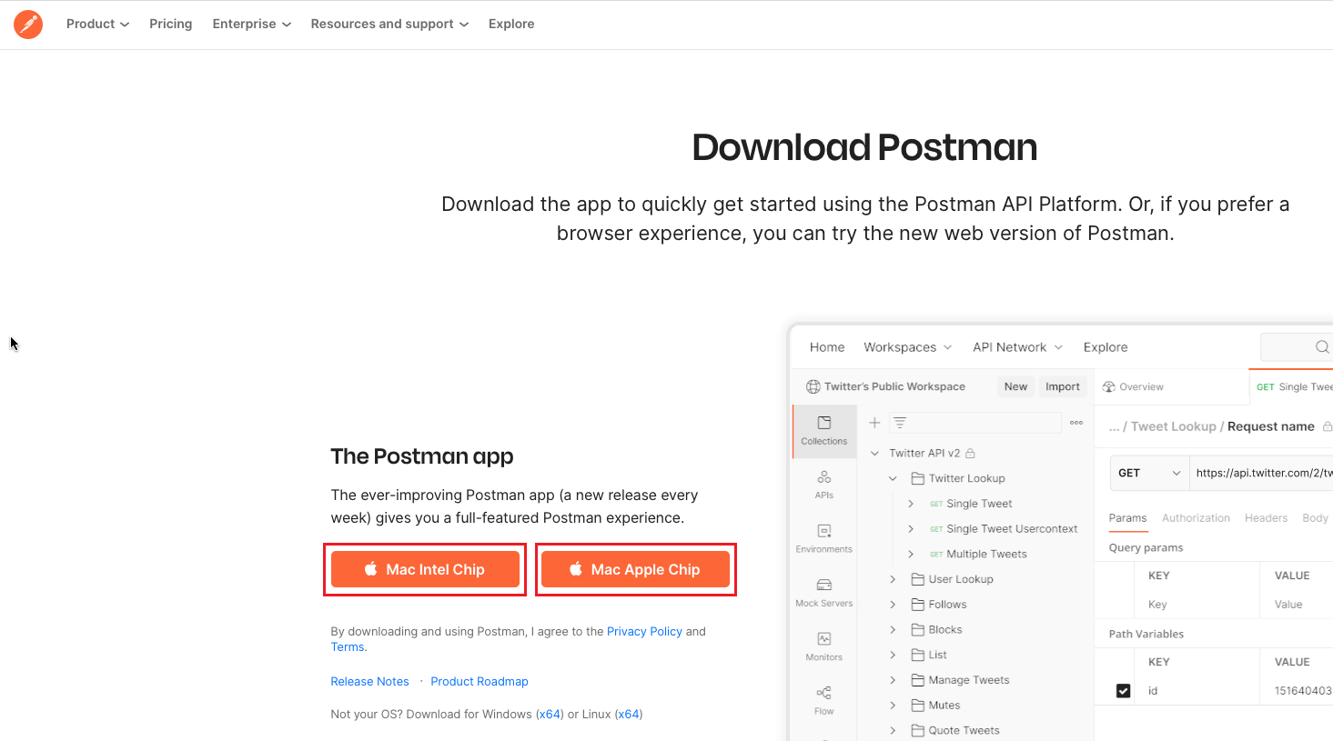 Imagem da página de downloads do Postman, com fundo branco e texto informativo de download. À esquerda, temos os links para realizar o download, com destaque para os botões principais desta sessão, referente ao download do Mac Intel Chip e Mac Apple Chip. À direita temos uma imagem da página inicial do programa.