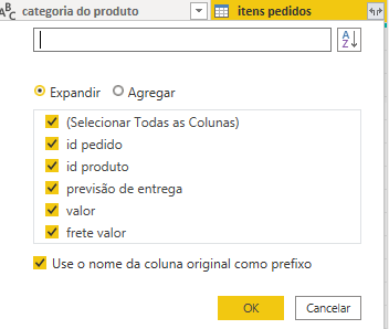 coluna para selecionar expandir ou agregar na tabela