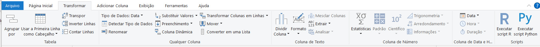 Menu de transformar do power query com funcionalidades de transformar tabela, alterações em colunas do tipo texto, número, data e hota e geral, e por fim uma sessão com a possibilidade de executar scripts R e Python.