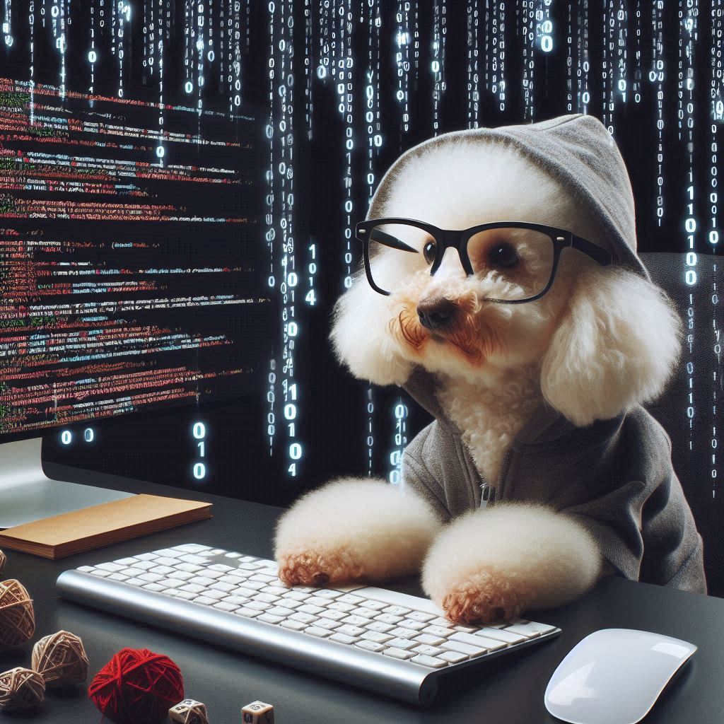 Imagem gerada por inteligência artificial que mostra um cachorrinho da cor branca e da raça Poodle usando um moletom cinza com capuz e óculos com armação quadrada na cor preta. Ele está digitando em um teclado de computador na cor branca e cercado de códigos. Na mesa ainda estão novelos de lã, um monitor com códigos e um mouse na cor branca.