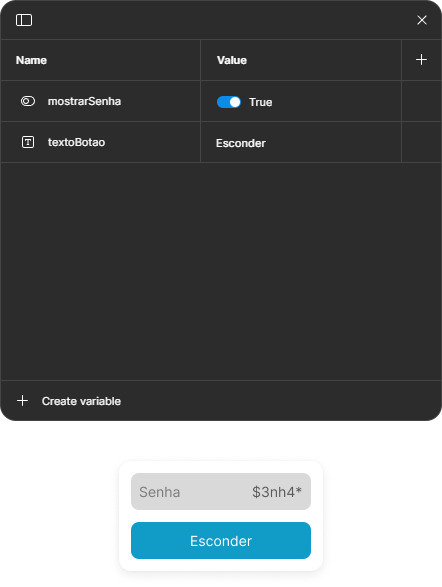 Janela de variáveis no topo, mostrando na primeira linha a variável booleana “mostrarSenha” com valor true, e abaixo a variável “textoBotao”, com o valor Esconder. Abaixo está um pequeno card, escrito “Senha” em cinza claro, e na direita, a senha “$3nh4*” em cinza escuro. Abaixo, está um botão azul escrito “Esconder”.