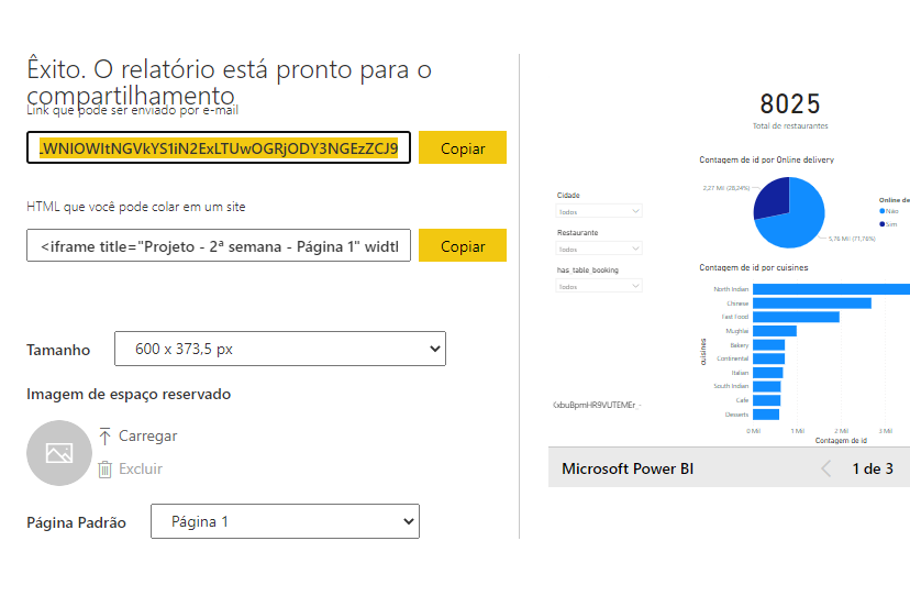 Recorte do site do serviço do Power BI. Na janela exibida, existem dois campos, sendo o primeiro o url do link de publicação e o segundo o código HTML. Ambos possuem um botão de copiar em seus respectivos lados. Além disso, logo abaixo dos campos existem opções de ajuste de tamanho da visualização e escolha da página padrão. No lado direito dos campos e das caixas suspensas, encontra-se a pré-visualização do dashboard a ser compartilhado.