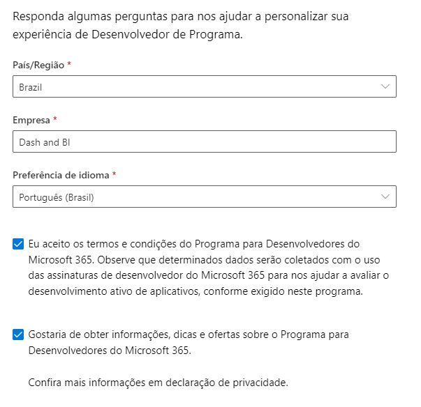 Janela de cadastro apresentando os campos de inserção do País/Região, Empresa e Preferência de idioma. Além disso, possui duas caixas de seleção, sendo a primeira para aceitação dos termos do programa de desenvolvedor e a segunda sobre receber novidades por e-mails respectivamente.