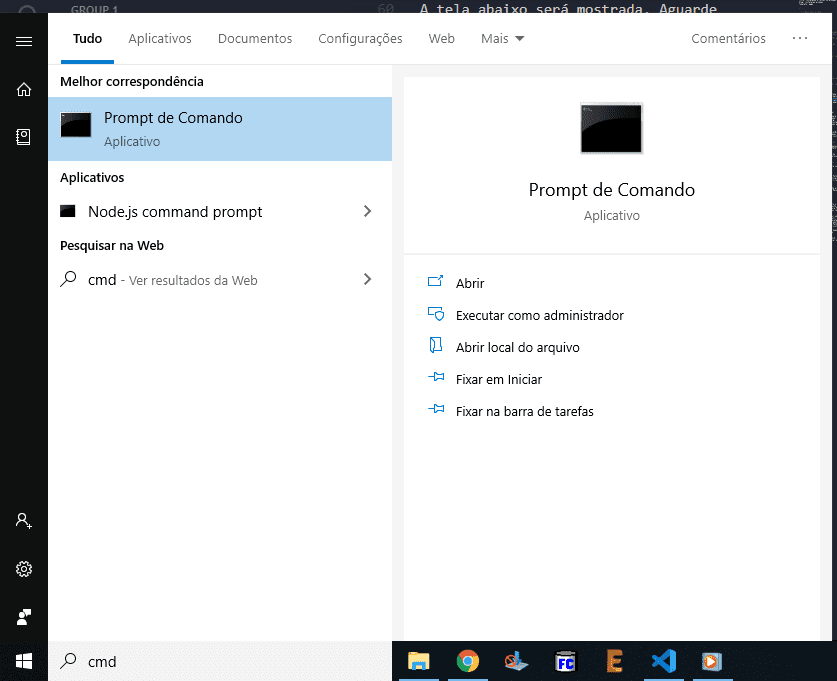 Menu do Windows com o comando “cmd” digitado no campo de pesquisa, imagem do ícone do Prompt de Comando