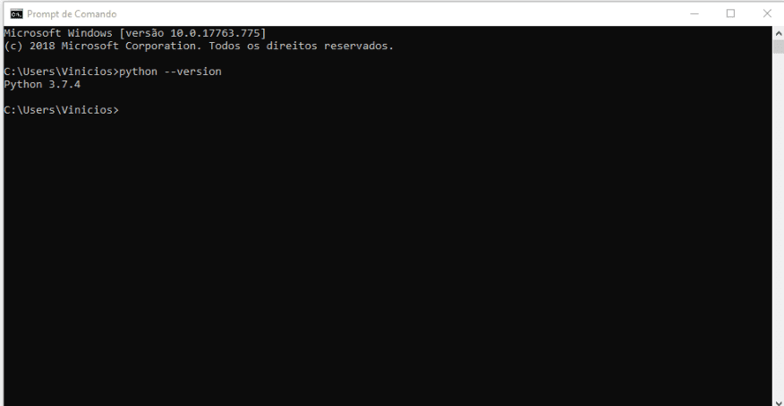 Tela do Prompt de Comando com o comando “pip --version” e o retorno do comando com a mensagem “pip 19.0.3”