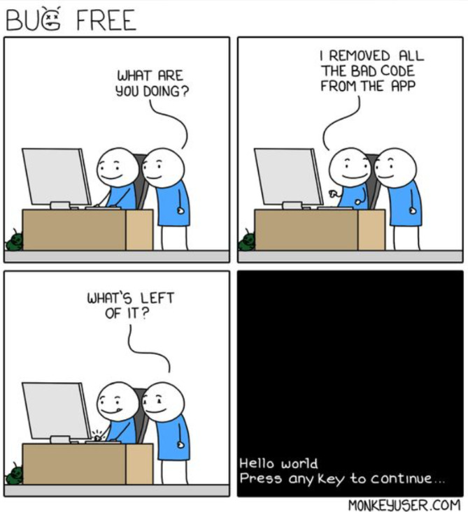 Tirinha com duas pessoas olhando para tela do computador. Uma delas pergunta:”O que está fazendo?”, a outra responde:”Estou removendo todo código ruim do app”. A primeira pessoa torna a perguntar:”E o que sobrou?” Na tela do computador é exibida a mensagem “Olá mundo. Pressione uma tecla para continuar”.