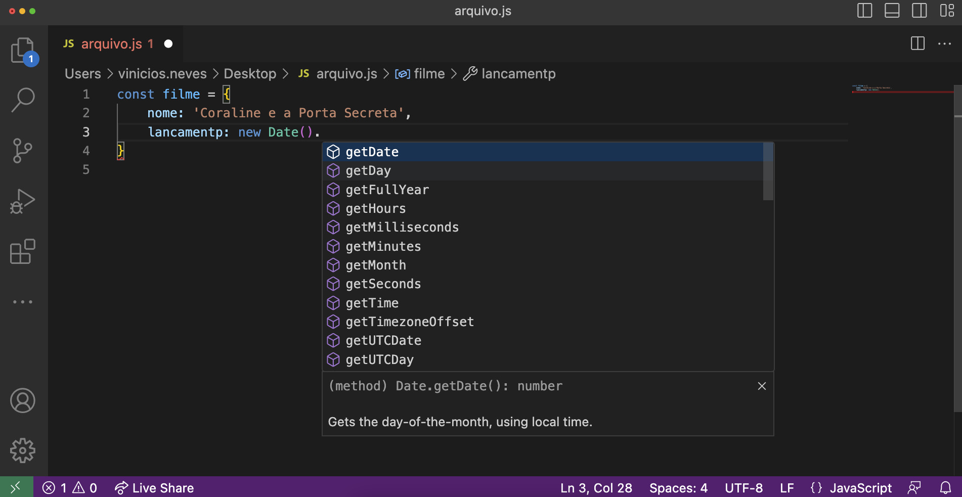 Screenshot do VSCode exibindo o Intelisense ao manipular um objeto Date dentro de arquivos.js