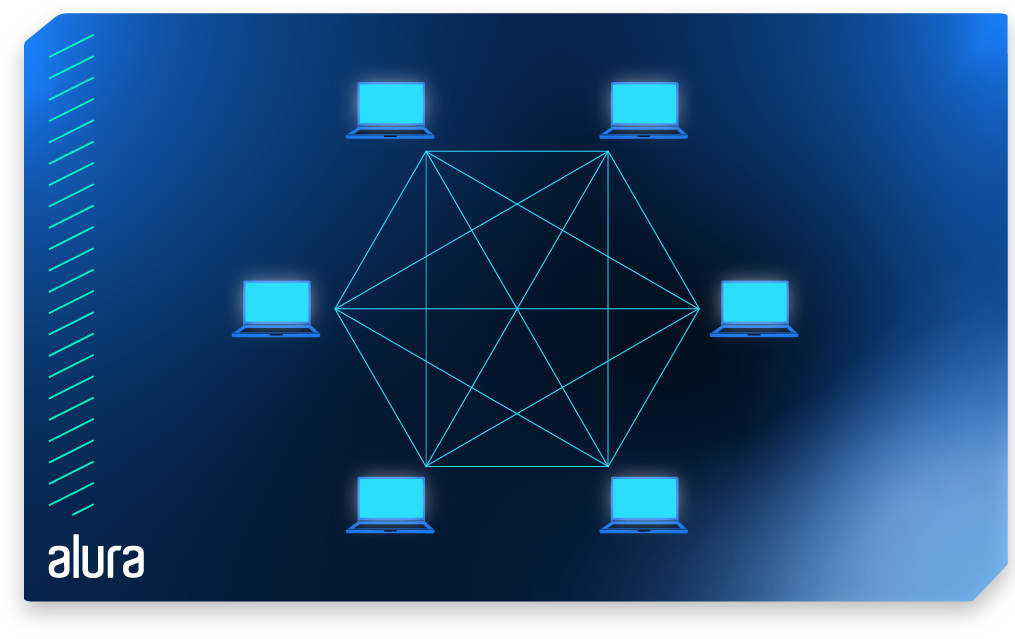 Imagem com seis computadores organizados em um formato hexagonal. Cada computador está conectado a todos os outros através de linhas.