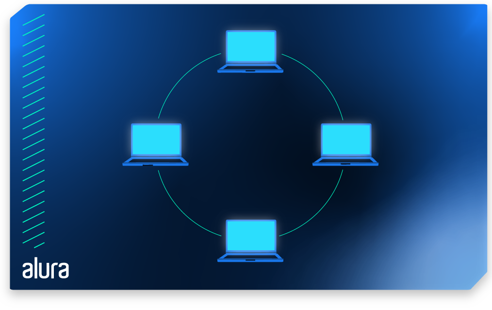 Imagem com quatro computadores conectados em um formato circular através de uma linha.