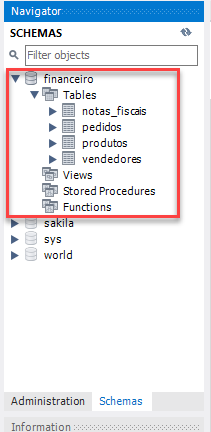 Imagem que mostra na lateral esquerda da aba Schemas, as tabelas do banco "financeiro" expandidas, onde temos as tabelas de notas fiscais, pedidos, produtos e vendedores.