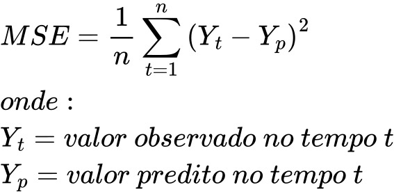 O erro quadrático médio é a somatória dos quadrados da subtração dos valores observados no tempo t menos os valores preditos no tempo t dividido pelas n observações.