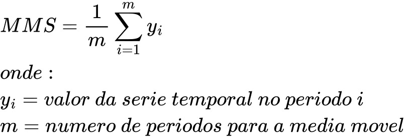 A média móvel simples é a somatória do valor da série temporal no período i dividido pelo número de períodos para a média móvel m.