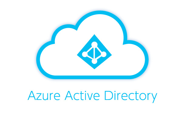 Logotipo do Azure Active Directory dentro de um ícone de nuvem com bordas azuis. No centro da nuvem, há um símbolo de diretório em formato de losango, com círculos conectados por linhas, representando a conectividade dos serviços. Abaixo da imagem, está escrito "Azure Active Directory" em letras azuis claras.