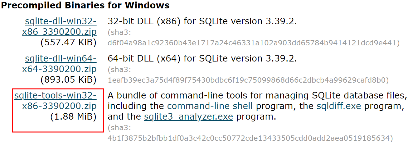 Imagem da página de downloads do SQLite, da sessão dos arquivos pré-compilados para Windows, com fundo branco. À esquerda, temos os links para realizar o download, com destaque para o terceiro e último link dessa sessão, e à direita temos as descrições de cada arquivo.