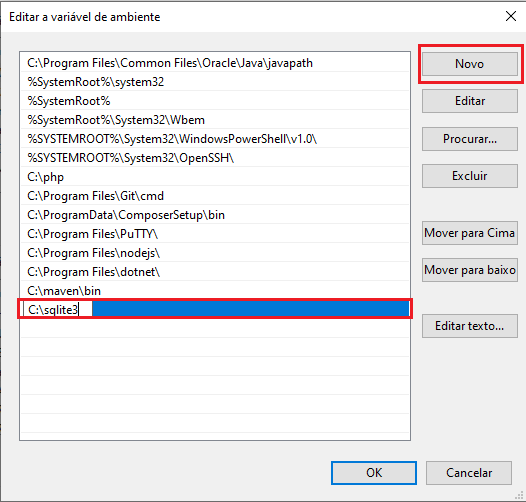 Imagem da janela de edição de variáveis do ambiente, contendo vários caminhos dispostos à esquerda, na vertical. À direita, temos alguns botões, na vertical. Em destaque, temos o caminho do SQLite e o botão de Novo.