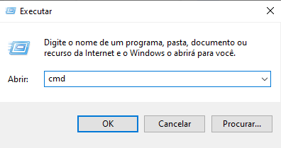 Imagem da janela Executar, com fundo branco. Através dela, iremos abrir o Prompt de comando, digitando cmd no campo Abrir, à esquerda, e clicando em OK, na parte inferior, mais ao centro, ao lado das opções Cancelar e Procurar, que estão à direita de OK.