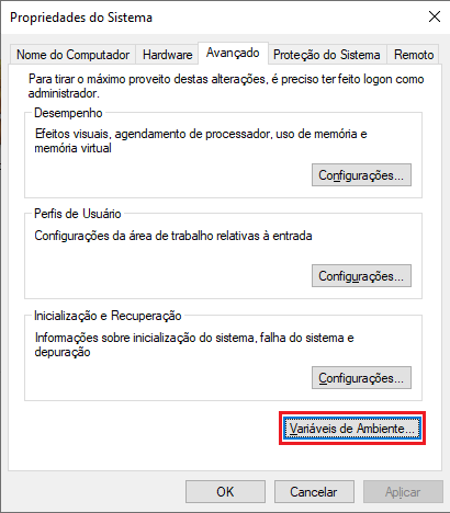 Imagem da janela de Propriedades do Sistema, com fundo branco. Nela, temos alguns itens, como Desempenho, Perfis de Usuário e Inicialização e Recuperação. Abaixo destes itens, temos destacado o botão de Variáveis de Ambiente.